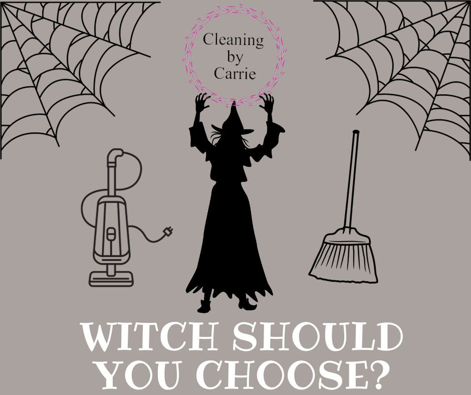 An illustration of a witch with a broom and a vacuum